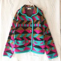 ヴィンテージ ウール混ニット マルチカラー 総柄 昭和レトロポップ セーター