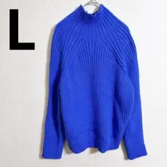 ハイネックセーター 青 リブ編み 海外古着 レディース