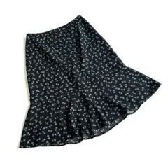 【美品】 ローラアシュレイ　マーメイドスカート　フリル　総柄　葉っぱ柄　黒×緑