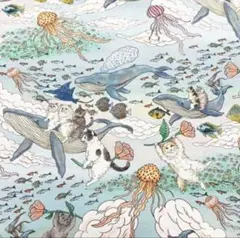 猫とクジラのファンタジー柄 海洋生物デザイン 生地 110×100