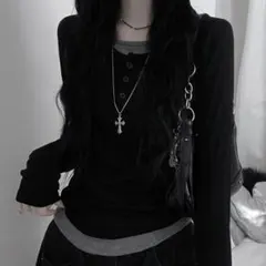 ソニョナラ ボタンバイカラーレイヤード長袖Tシャツ ブラック