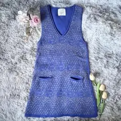 ROPE PICNIC 38 膝丈 総柄 ニット ワンピース 体型カバー ブルー