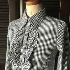 長袖ブラウス ギンガムチェック／黒 × 白／フリルブラウスM サイズ