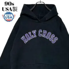 90s USA製 カレッジパーカー 黒ブラック S〜M 肉厚 短丈スウェット刺繍