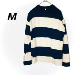 長袖カットソー　ネイビー　ベージュ ストライプ M　トレーナー　メンズ