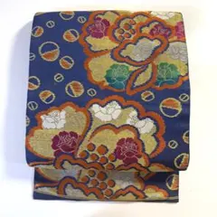 5k2776 名古屋帯　紺　青　金色　赤　銀色　緑　白　花柄　和装　着物