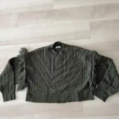 LOWRYS FARM オリーブグリーン フリンジ付き クロップドセーター