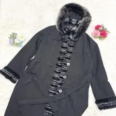 332 フード付き ブラックファーコート 上品 エレガント 防寒 アウター