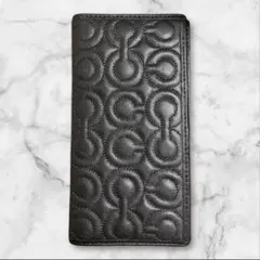 COACH コーチ 薄型 長財布 ブラック キルティング ピンク内側 レザー
