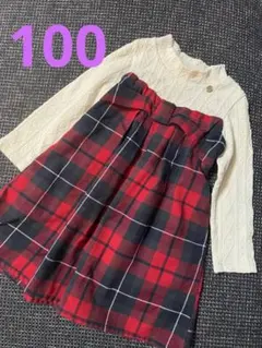 プティマイン　ワンピース　チュニック　赤　チェック　女の子　長袖　100