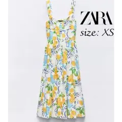 ZARA ザラ 美品　プリントリネンミディワンピース　レモン柄　サイズXS