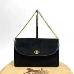 美品■セリーヌ トリオンフ アクセサリーポーチ チェーン スエード ブラック系