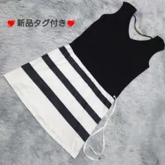新品タグ付き　ノースリーブチュニック　ボーダー　Aライン　ウエストリボン