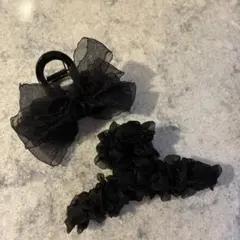 新品　ブラックシフォンリボンとフリルのヘアクリップセット