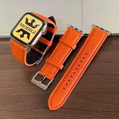 Apple Watch レザー 革 皮 上質 バンド ベルトオレンジ　44/45