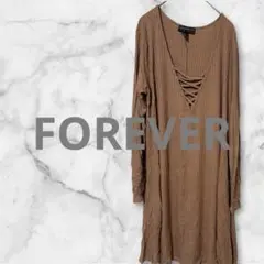【大きいサイズ3L-4L】FOREVER 21+ レースアップ リブワンピース茶のサムネイル