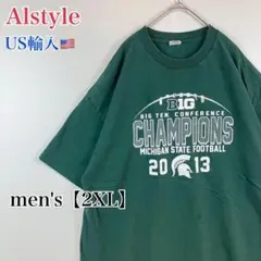 ●T698【US輸入】カレッジ 半袖 Tシャツ グリーン系 men's【2XL】