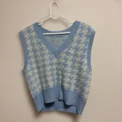 SHEIN 淡いブルー チェック柄 ニットベスト Sサイズ