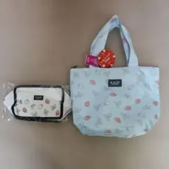 KALDI 水色 イチゴ柄トートバッグ ポーチ付き