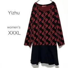 【Yizhu】チュニック ワンピース 花柄 総柄 大きいサイズ XXXL 黒