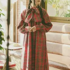 kutir クティールとレトロ ボウタイフリルチェックワンピース 赤