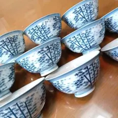 竹模様の陶器製 白青 飯碗10個セット　食器