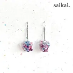 [446]つぶつぶチェコガラスのフックピアス ピンク ブルー ハンドメイド