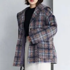 ビザビ　ビス　ウーリッシュシャギーチェック柄セーラーカラーミドル丈コート
