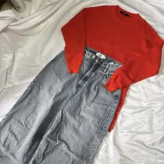 AZULらしい！オレンジニット×ワイドデニムの旬コーデ　M たっぷりサイズ