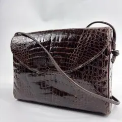クロコダイル　ショルダーバッグ　ワニ革　ブラウン　センター取り　シャイニング