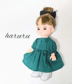 メルちゃん服　ソランちゃん服　グリーンワンピース＆チュール付きヘアゴム