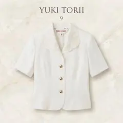 高級感YUKI TORII刺繍襟 肩パッド半袖ブラウス 白M 9号エレガンス　夏のサムネイル