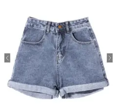 GRL ロールアップヘムハイウエストデニムショートパンツ[at703] ブルー