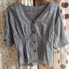 グレー系チェック Vネック 半袖シャツ Lサイズ
