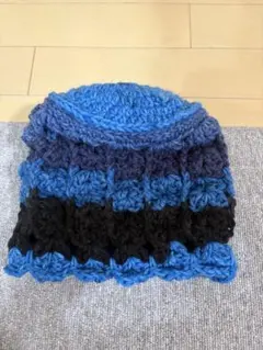 青系 編み物 キャップ