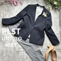 PLST ノーカラージャケット UNIQLOチェックパンツ ブラウスセットL