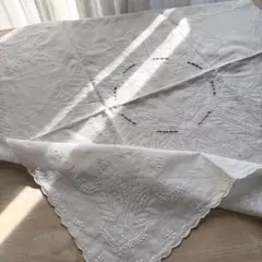 ヴィンテージ レース　テーブルクロス リネン　白糸刺繍 80cm