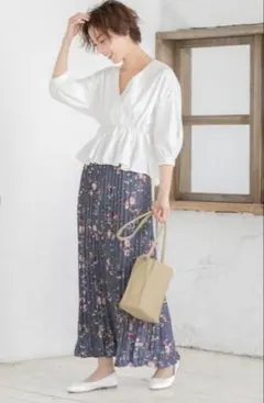 新品☆フィフス☆フラワープリントウエストギャザーロングスカート☆くすみブルー