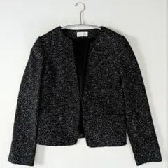 【美品】PLST プラステ　ノーカラー　ジャケット　ツイード　キーネック　紺