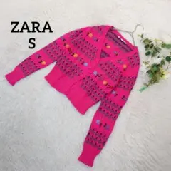 ザラ 長袖ニットカーディガン(S)ピンク花柄刺繍 コットン フェミニン