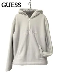 【GUESS】フリースパーカー 刺繍ロゴ ホワイト 裏ボア プルオーバー M