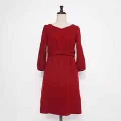 SunaUna ウール混 Vネックウエストマークワンピース 赤 38*LD856