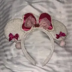 ディズニー風カチューシャ 白ファー ピンクリボン