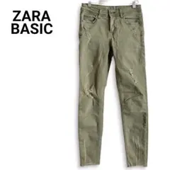 ZARA BASIC スキニーデニム カーキ ダメージ加工 カットオフ