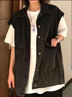 ブラックグレー ノースリーブベスト　韓国スタイル