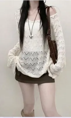 カットアウトショルダー　長袖ニットセーター　透かし編みニットあみあみ　SHEINのサムネイル
