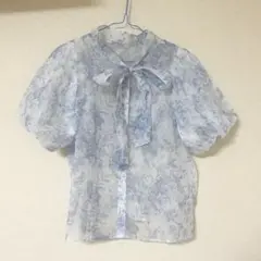 GRL 花柄シアーボウタイバルーンスリーブブラウス[gn100] ブルー