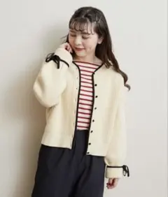 CHILD WOMAN ニットカーディガン　AMOSSAあぜ　バイカラー袖りぼ