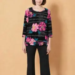 a238【美品】レオナール 花柄トリム カーディガン ブラック 44 2XL