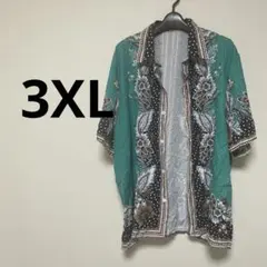 【3XL】花柄ターコイズ色半袖シャツ